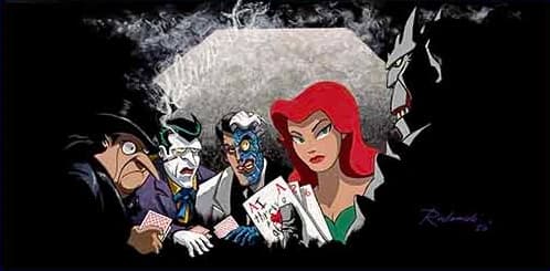 Example: acrylic painting of the Penguin, the Joker, Two-Face and Poison Ivy playing cards