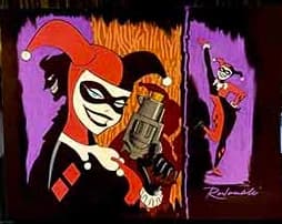 Example: Harley Quinn in two poses, sketched in red, purple and orange on black paper