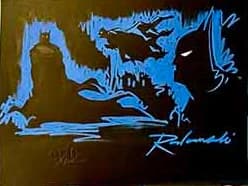 Example: three Batman silhouettes sketched in blue on black paper
